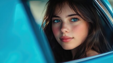 Portrait of a young woman with long dark hair and blue eyes gazing through the window of a blue car, featuring soft lighting and a serene expression.