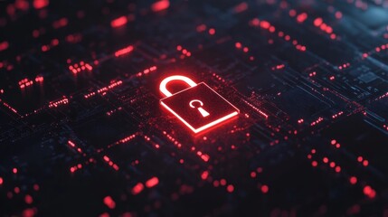 A glowing red lock symbolizing cybersecurity on a digital circuit board background