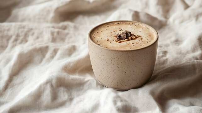 Hot chocolate coffee cappuccino latte espresso mocha in simple ceramic cup, brown linen cloth 