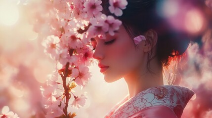 Young woman in kimono surrounded by cherry blossoms in DSLR photo