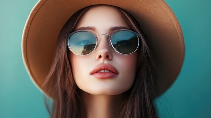 Close-up of young woman with long brown hair wearing tan wide-brimmed hat and reflective sunglasses against teal background