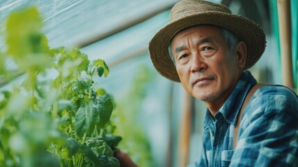 Senior Asian man with straw hat inspecting lush green hydroponic salad vegetables in well-lit greenhouse, focused on organic gardening for healthy living.