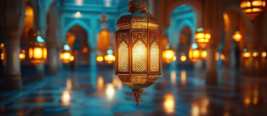 Lantern glows in ornate mosque hall