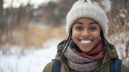 happy smiling young woman with dark skin in winter outdoor setting wearing knitted hat and scarf with snowy background and blurred trees