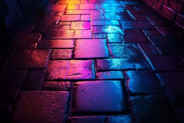 Neon-lit cobblestone path at night, vibrant colors.