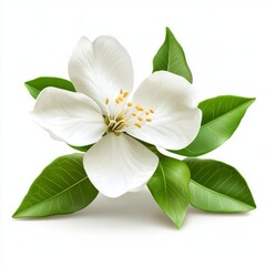 Delicate white blossom with vibrant green leaves.