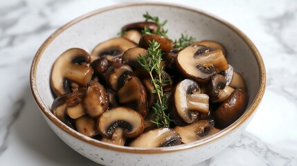 Fried sauteed mushroom slices with butter and thyme, ceramic bowl white background