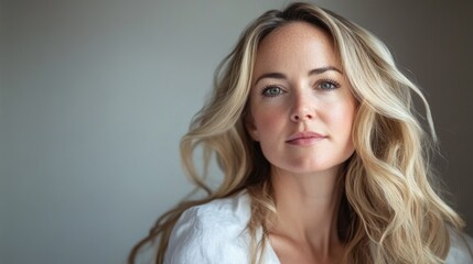 Naklejka premium Blonde woman with wavy hair blowing gently in the air, looking directly at the camera in a softly lit indoor setting.