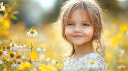 Fototapeta premium cheerful young girl with long blonde hair smiling amidst a field of yellow wildflowers and daisies in soft natural lighting