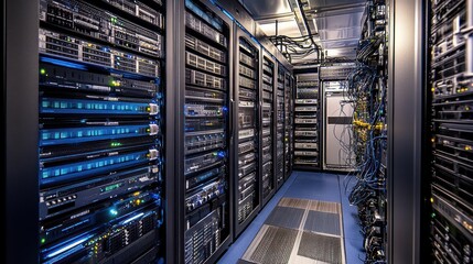 Inside a modern data center showcasing rows of servers and intricate wiring in a high-tech environment