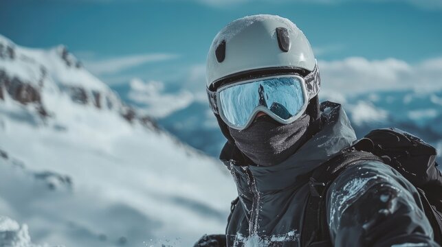 Professional mountaineer in helmet and ski mask making a nick hole in glacier with Caucasian snow-capped mountains under clear blue sky in winter landscape