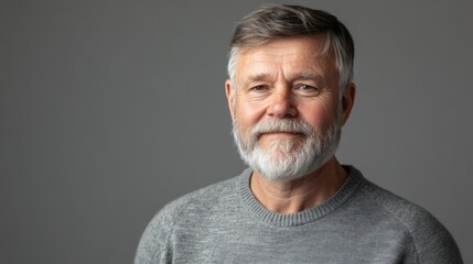 Fototapeta premium Portrait of mature man with beard wearing sweater against grey background conveying wisdom and experience in a warm, inviting expression