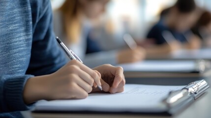 Students engaged in a focused exam setting, writing answers on paper with concentration in a classroom