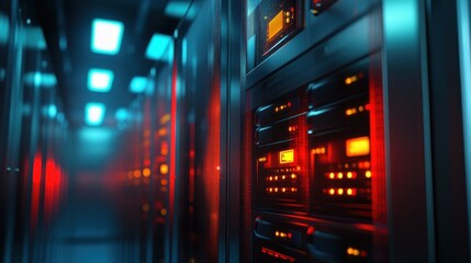 High-tech server room with illuminated racks, showcasing data processing and storage equipment
