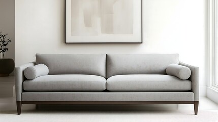 A modern Scandinavian style gray sofa with soft fabric against a white wall with a single abstract painting above it, modern classy elegant interior design living room