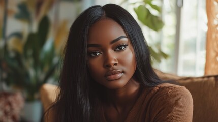 Obraz premium Thoughtful Black woman with long straight hair wearing brown sweater indoors surrounded by greenery and soft natural light.