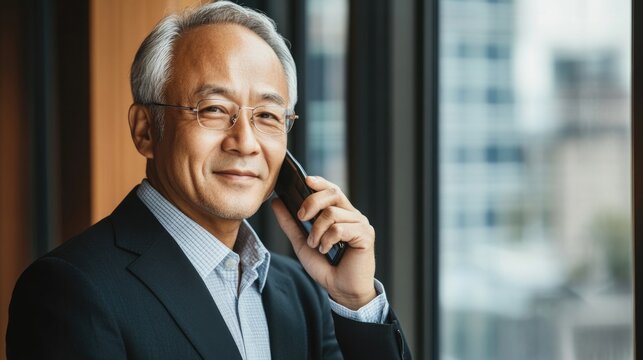 senior asian business man wearing glasses smiling on phone indoors with modern office background in urban setting