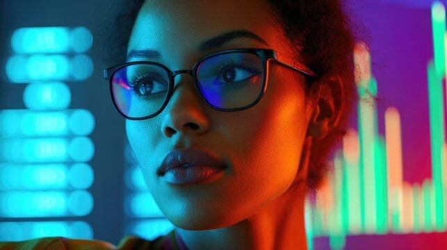 Biracial woman with glasses gazing thoughtfully at financial data and colorful graphs in a modern office setting, showcasing finance and economy concepts. - Powered by Adobe