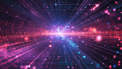 Fototapeta premium A vibrant, futuristic tunnel with glowing pink and blue lights creates a sense of depth and motion, resembling a sci-fi wormhole or digital data stream.