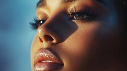 Professional makeup artist applying artistic makeup on young woman with glossy lips and thick eyelashes in soft blue light