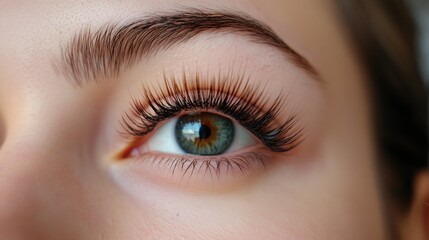 Obraz premium Close-up of striking blue eye with beautifully extended eyelashes showcasing a professional eyelash extension procedure with delicate reflections.