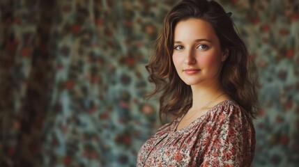 Fototapeta premium Young pregnant woman in floral dress with wavy brown hair, softly illuminated, against a floral patterned backdrop in warm tones.