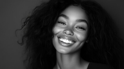 Cheerful young Afro American woman with dark long curly hair smiles broadly, showcasing her bright white teeth, against a soft gray background.