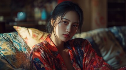 Young Chinese woman with a serious expression lounging on a colorful upholstered sofa in a cozy home setting with warm natural light.