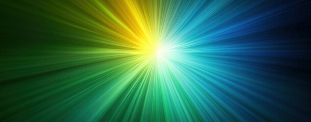 Fototapeta premium Vibrant light rays radiate in green, yellow, and blue hues, creating dynamic and energetic atmosphere. This abstract background evokes sense of movement and brightness