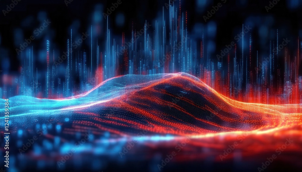 Poster digital data wave with glowing red and blue light patterns, futuristic abstract technology landscape for analytics design