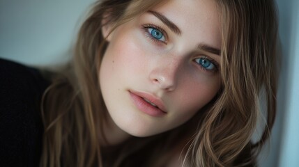 Naklejka premium Portrait of a positive young woman with long wavy brown hair and striking blue eyes, softly lit with natural light, enjoying music in a cozy indoor setting.