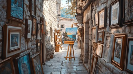 Obraz premium Photo of an alleyway in the ancient city center, walls covered with framed pictures and art pieces 