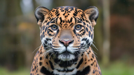 Fototapeta premium Majestic jaguar with striking coat and intense gaze, showcasing its powerful presence in natural setting. This big cat embodies strength and beauty