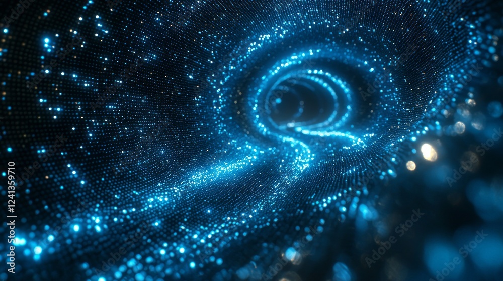Poster swirling patterns of brilliant blue lights create a mesmerizing cosmic tunnel, inviting viewers to e