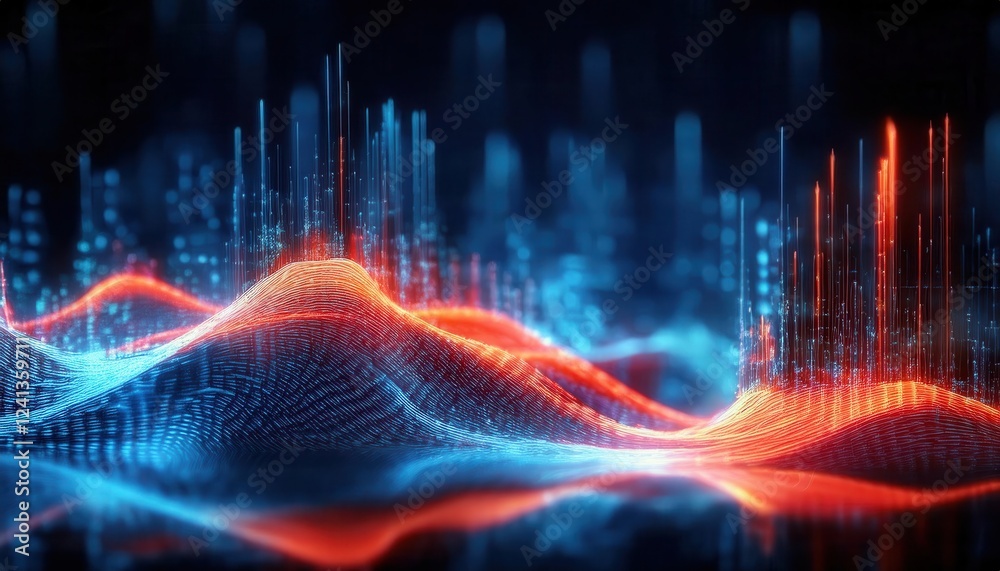 Poster digital data wave with glowing red and blue light patterns, futuristic abstract technology landscape for analytics design