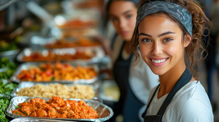 A joyful woman stands in a food service setting, showcasing a variety of colorful dishes in foil containers, creating a warm and inviting atmosphere.