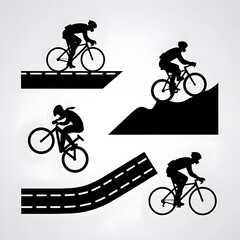 Obraz premium Silhouette Icons of Cycling Sports: Road Cycling, Mountain Biking, BMX, and Track Cycling on White Background
