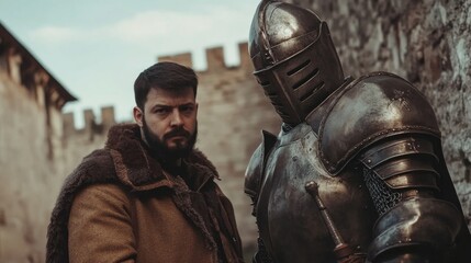A bearded man in modern fur coat stands confidently next to a hussar armored knight near historic stone castle walls under blue sky.
