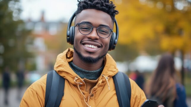 Young adult Black man with curly hair wearing headphones and smiling while holding a mobile phone in an autumn park setting with yellow trees.