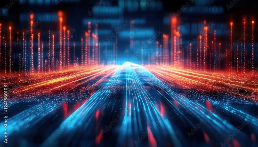 Aufkleber digital data wave with glowing red and blue light patterns, futuristic abstract technology landscape for analytics design