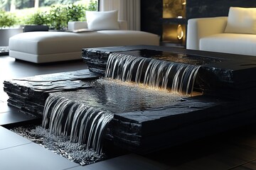 Modern indoor water feature with cascading waterfalls designed with dark stone and creating a tranquil atmosphere