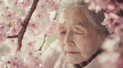 Fototapeta premium Elderly woman beneath cherry blossom tree in soft light