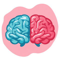 A stylized illustration of a brain divided into blue and red halves, representing different functions or emotions.