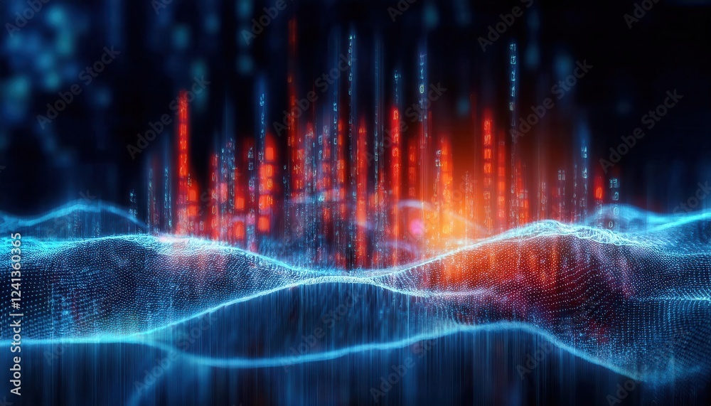 Poster digital data wave with glowing red and blue light patterns, futuristic abstract technology landscape for analytics design