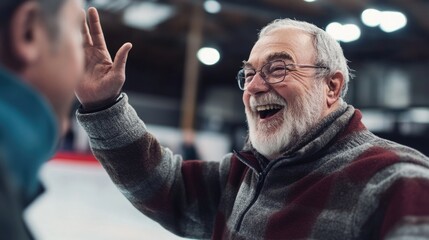 Joyful senior men celebrating a victory with high-fives at a cozy curling club featuring warm colors and a friendly atmosphere.