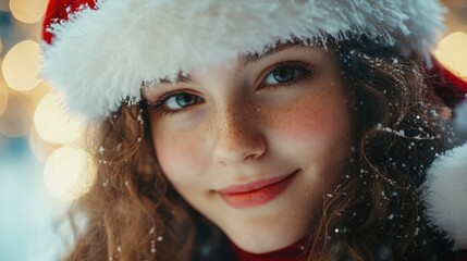 Joyful girl in Santa hat with curly hair and freckles smiling against a blurred festive bokeh background during Christmas season.
