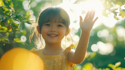 Smiling young Asian girl in a yellow dress waving goodbye in a sunlit outdoor setting surrounded by greenery, representing a joyful summer farewell.