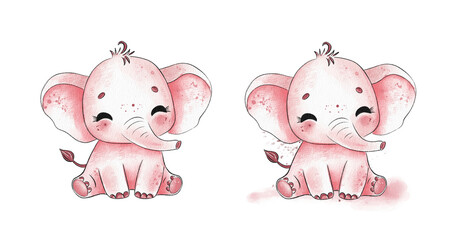 Cute watercolor elephants with cheerful expressions in soft pink hues inviting joy and creativity
