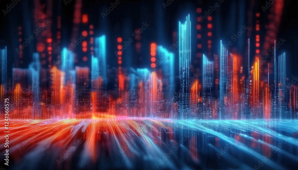 Poster digital data wave with glowing red and blue light patterns, futuristic abstract technology landscape for analytics design
