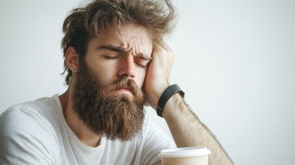 Sleepy man with a thick beard and mustache holding a coffee cup while sitting against a white background, expressing exhaustion and frustration from lack of sleep.